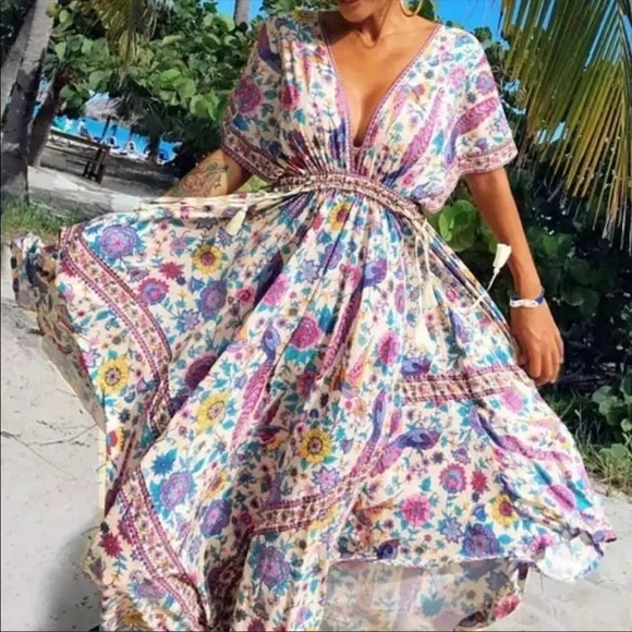 Boho Floral Maxi Dress — Drawstring Waist | Flowy Cotton Summer Dress - Picture 4 of 6